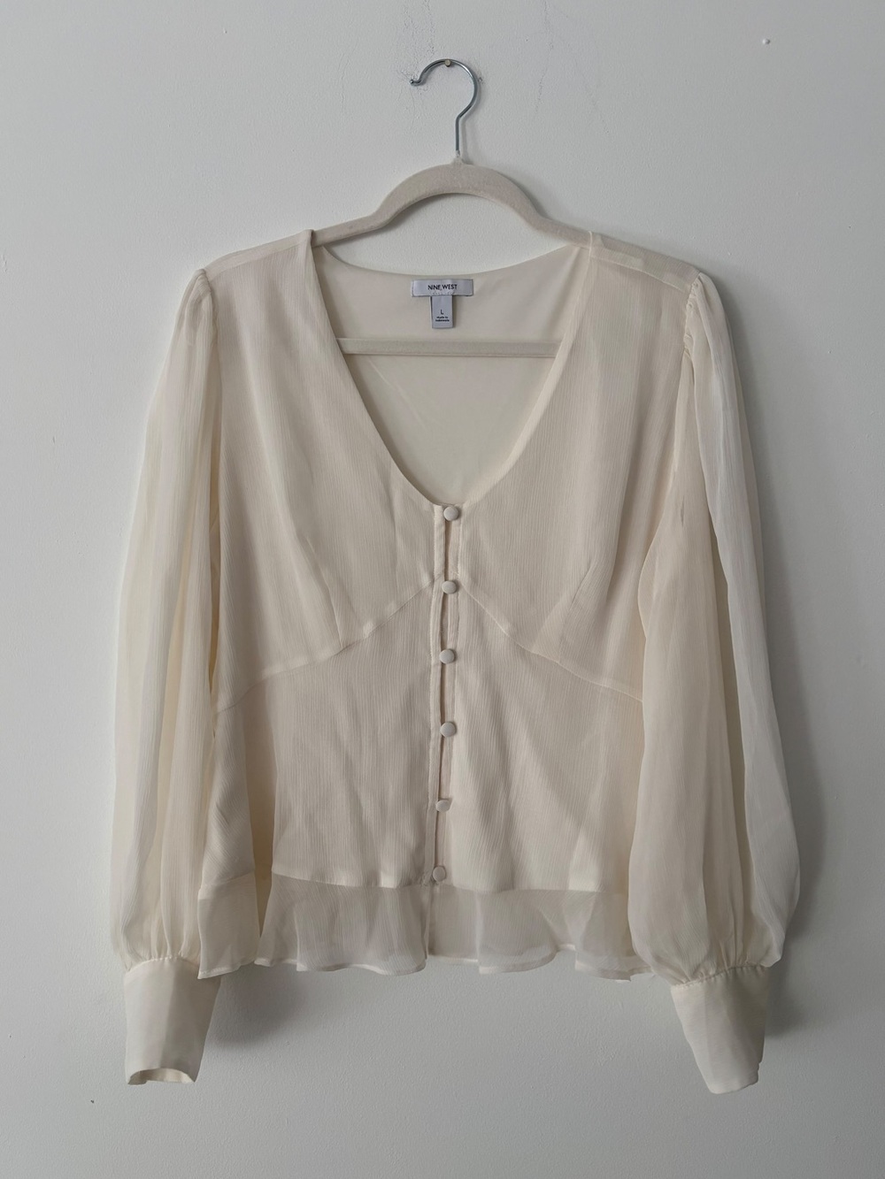 Nine West Womens Ivory Chiffon Blouse V Neck Peplum Balloon Sleeve Size L